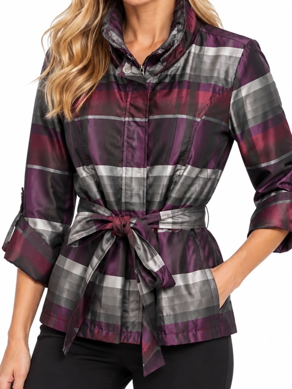 Cache purple and grey plaid full zip, belted jacket.